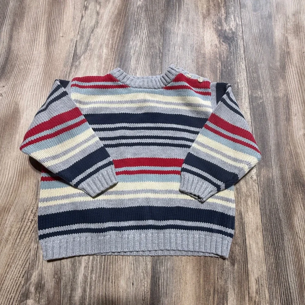 Vintage 1999 Baby Gap Striped Cotton Knit Sweater 18-24 Months Grey Navy Red Y2K